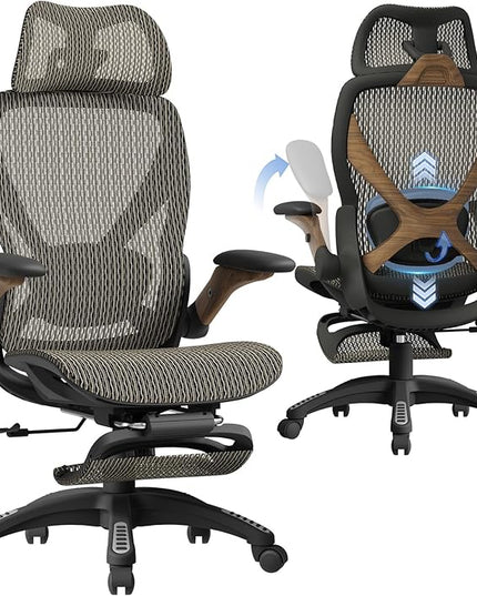 ELABEST X100 Ergonomic Office Chair with Footrest, Big and Tall Home Desk Chair with 5D Flip-Up Arms, Adjustable 3D Lumbar Support,High Back Rolling Computer Chair, Swivel Mesh Chairs (Coffee Break)