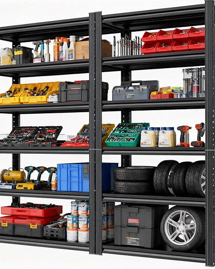 Storage Shelves, Garage Metal Shelving Unit, Adjustable, Double-Layer Column with Reinforced Ribs, Heavy-Duty, Capable of Bearing 3000 lbs, Suitable for Garage, Warehouse, Kitchen Storage