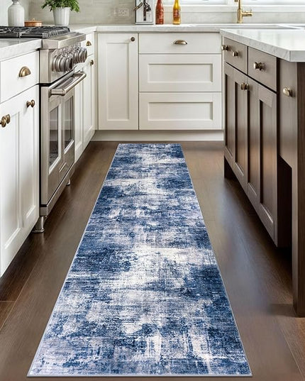 IOHOUZE Abstract Runner Rug 2x8 Ft Washable Runners for Hallways, Non Slip Kitchen Runner Printed Faux Wool Entryway Runner Indoor, Modern Abstract Floor Carpet for Hall Kitchen Bedroom, Navy/Grey
