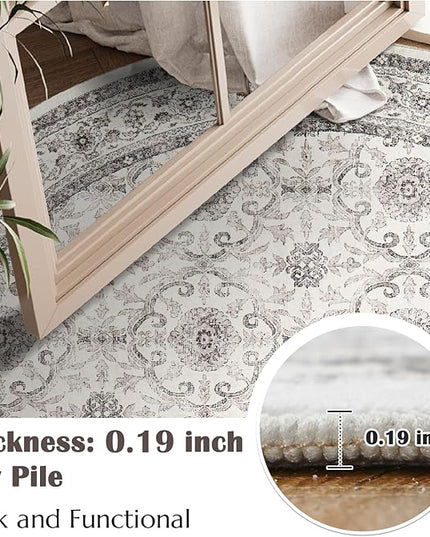jinchan Round Rug 4ft Washable Circle Soft Rug - Low Pile Vintage 4'Round Indoor Beige Floral Print Stain Resistant Boho Carpet Ultra-Thin Non-Slip for Entryway Nursery Bedroom Dining Room Kitchen
