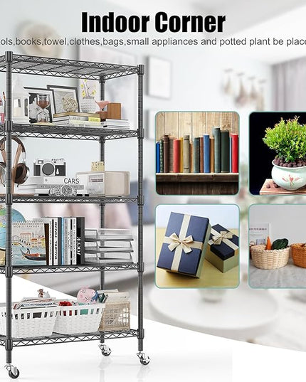 Himimi 5-Tier Storage Shelf Wire Shelving Unit on Wheels Heavy Duty Metal Shelves Adjustable Steel Rack Organization for Kitchen Garage Basement, Black