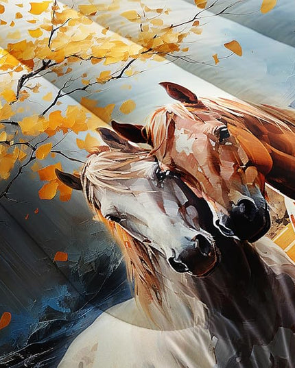 White Brown Horses Comforter Set King Size,Watercolor Painting Autumn Leaves Bedding Set for Kids and Adults Bedroom Horse Decor,Natural Scenery Aesthetics Comforter Set with 2 Pillowcases.