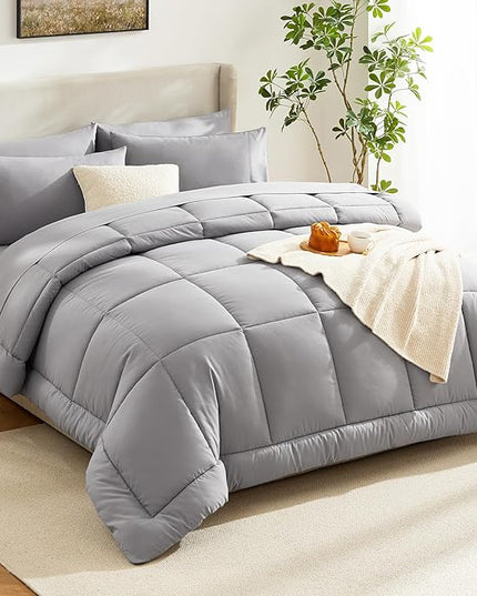 CozyLux Queen Comforter Set Grey, 7 Pieces Bed in a Bag, Gray Comforter Queen Size, All Season Bedding Sets with Stitch Quilted Comforter, Flat Sheet, Fitted Sheet, Pillowcases