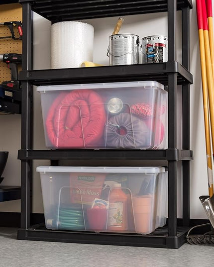 IRIS USA 94 Qt Stackable Plastic Storage Bins with Lids, 4 Pack - BPA-Free, Made in USA - See-Through Organizing Solution, Latches, Durable Nestable Containers, Secure Pull Handle - Clear