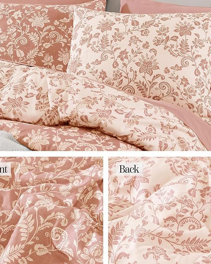 King Comforter Set -7 Pieces Clay Pink Floral Comforter Set for All Seasons, Bed in a Bag King with Botanical Flowers Comforter, Sheets, Pillowcases & Shams