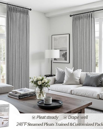 Pinch Pleated Light Grey 108 Inch Large Curtains for Patio Sliding Glass Doors, Extra Long Memory Trained Blackout Double Layer Thick Linen Insulated Sound Dampening Modern Windows Drapes Panels of 2