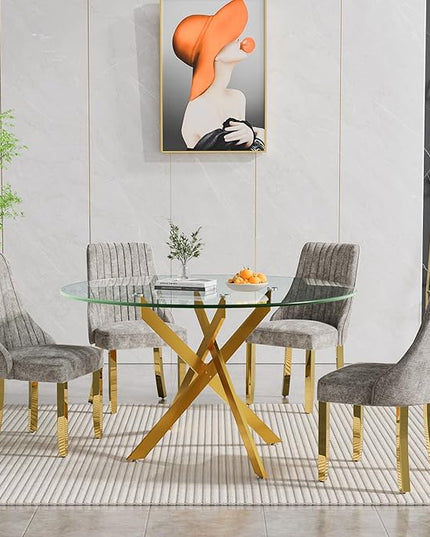 Round Glass Dining Table Set for 4, 47'' Clear Circular Kitchen Table and Chairs Set, 5PCS Modern Circle Dining Room Table Set with 4 Dining Chair for Home