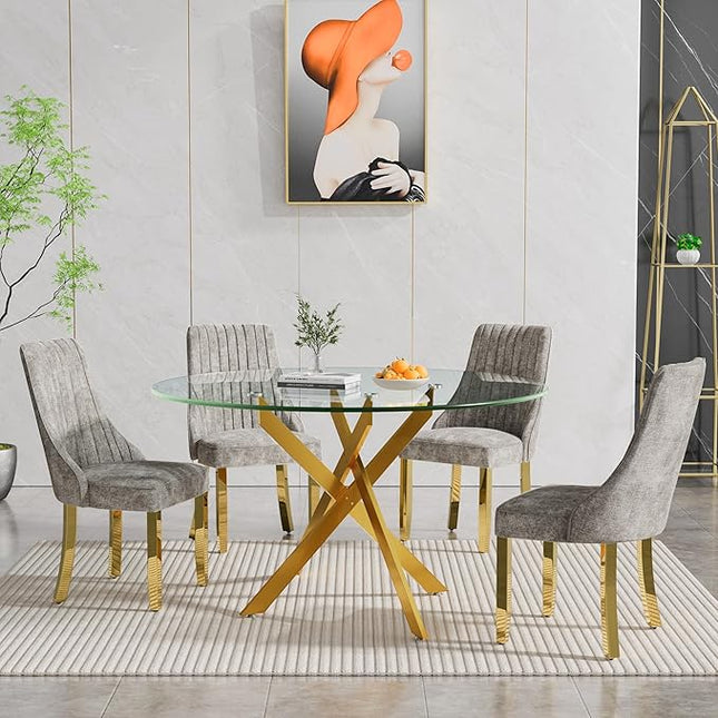 Round Glass Dining Table Set for 4, 47'' Clear Circular Kitchen Table and Chairs Set, 5PCS Modern Circle Dining Room Table Set with 4 Dining Chair for Home