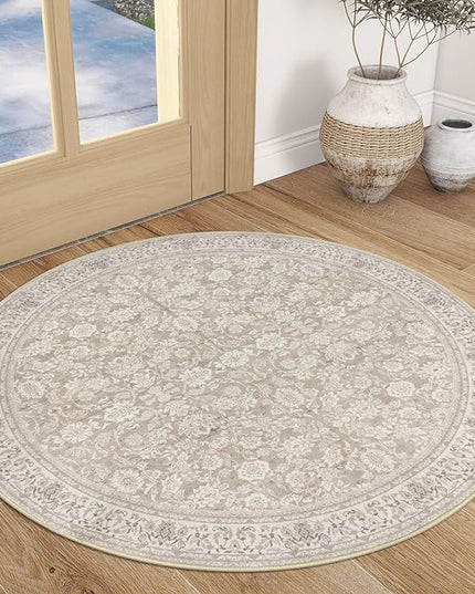 3' Round Rug Washable Rug for Entryway, Cream Beige White Grey Soft Non-Slip Area Rugs Distressed Floral Low-Pile Carpet, Neutral Vintage Circle Rugs for Living Room Dining Bedroom Foyer