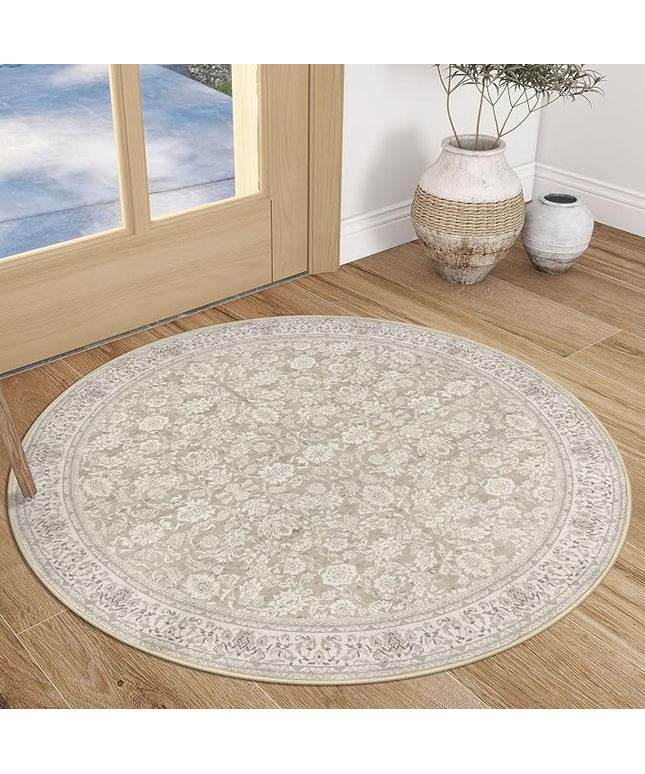3' Round Rug Washable Rug for Entryway, Cream Beige White Grey Soft Non-Slip Area Rugs Distressed Floral Low-Pile Carpet, Neutral Vintage Circle Rugs for Living Room Dining Bedroom Foyer