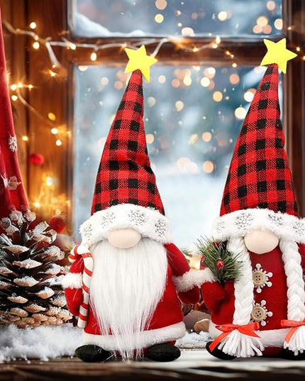Lovinland Christmas Gnomes Plush Couple with Red Buffalo Check - Xmas Gnomes Elf Tomte Ornaments Doll - Christmas Decorations - Xmas Decorations for Home, Indoor, Office