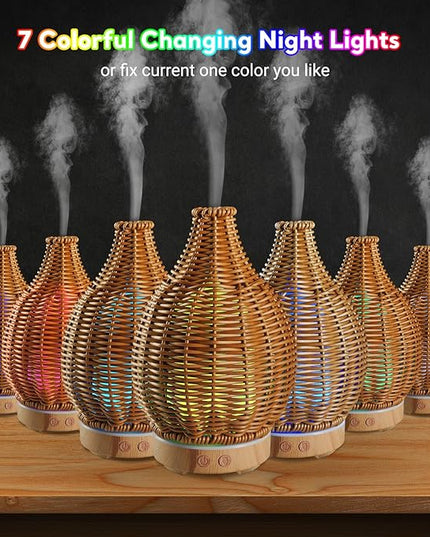 Boho Essential Oil Diffuser for Home Rattan Weaving with Remote Control, 100mL 7 Changing Color Lights Ultrasonic Aroma Humidifier, Noiseless Auto-Off Sleep Mode for Bedroom Office Workout