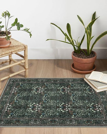 2x3 Washable Area Rug, Dark Green Soft Rug for Entryway, Non-Slip Indoor Door Mat Boho Low-Pile Kitchen Rugs, Floor Modern Carpet for Entrance Kitchen Bedside Farmhouse
