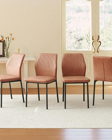 Dining Chairs Set of 4, Brown PU Leather Dining Chairs, Comfortable Upholstered Armless Kitchen Chairs with Black Metal Legs for Living Room, Dining Room, Kitchen