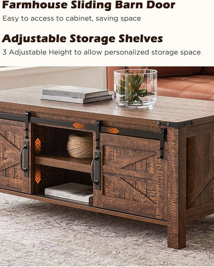 OKD 48" Farmhouse Lift Top Coffee Table with Sliding Barn Door,Rustic Center Table with Hidden Storage Compartment,Lifting Tabletop and Adjustable Shelf for Living Room,Office,Reclaimed Barnwood