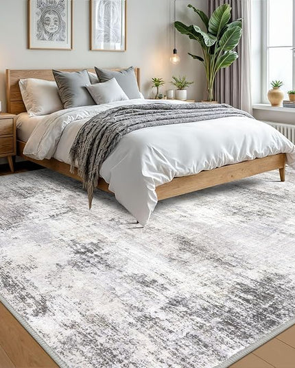 IOHOUZE Abstract Area Rugs 9x12 Ft Washable Large Rugs for Living Room, Non Slip Dining Room Rug, Printed Faux Wool Rugs for Bedroom, Floor Carpet for Office Nursery Playroom, Grey Beige
