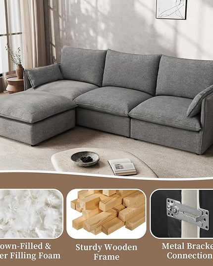 Waterproof Cloud Sectional Couches,High Backrest Down Filled Sofa for Living Room,Modular Sofas 2 Seater with Ottoman,Detachable Couch Covers,Dark Grey