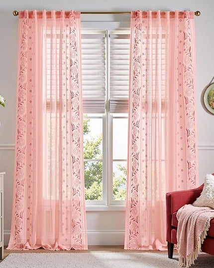 jinchan Winslow Sheer Curtains 96 Inch for Bedroom Living Room Embroidered Bordered Floral Nursery Curtains for Girls Room Light Filtering, 2 Panels, 50W x 96L