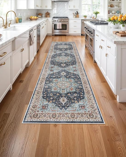 Washable Oriental Hallway Runner Rug - 3x12 Rugs for Living Room Soft Carpet for Bedroom Kitchen Waterproof Floral Distressed Indoor Stain Resistant Non-Shedding Floor Carpets (Blue/Teal/Orange, 3X12)