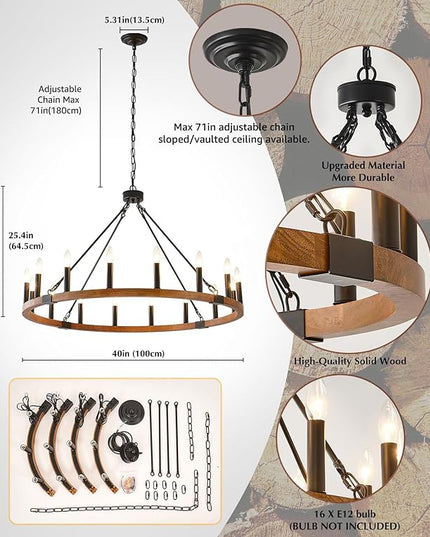 HHR 40 Inch Solid Wood Wagon Wheel Chandelier, 16-Light Farmhouse Chandelier for Dining Room, Modern Chandeliers for Foyer, Kitchen Island, Living Room, Entryway, E12