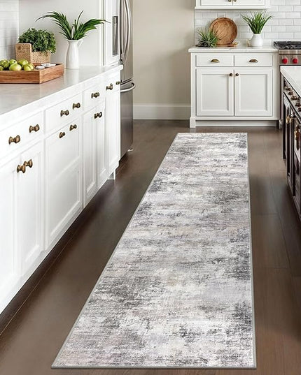 IOHOUZE Abstract Runner Rug 2x10 Ft Washable Runners for Hallways, Non Slip Kitchen Runner Printed Faux Wool Entryway Runner Indoor, Modern Abstract Floor Carpet for Hall Kitchen, Grey Beige