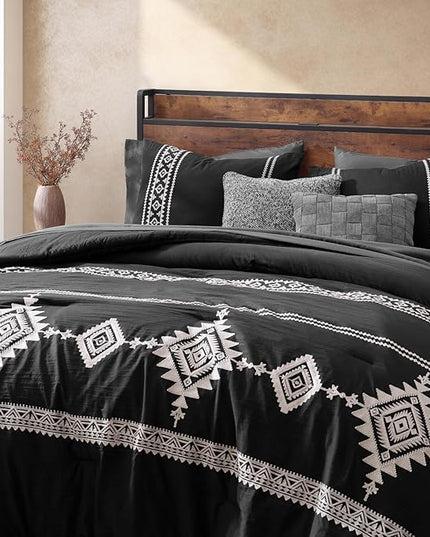 MaiRêve Embroidery Comforter Set, Boho Farmhouse Western Bedding Set, All Season Bed in A Bag Comforter Set with Sheets, Pillowcases & Shams, Black Oversized Queen 7 Pieces