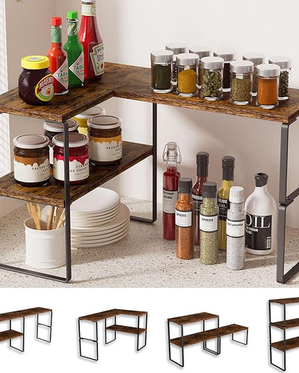 Golener Countertop Organizer Corner Shelf, 2-Tier Adjustable Stackable Corner Shelves for Kitchen, Spice Rack, Coffee Area, Over Sink, Bathroom, Dresser Table, Corner Counter Shelf Stand, Rustic Brown