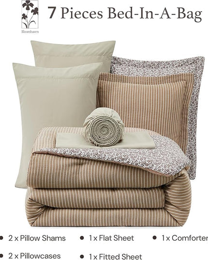 King Comforter Set - 7 Pieces Dark Brown Gauze Muslin Bedding Sets for All Seasons, Lightweight Breathable Bed in a Bag King with Revesible Farmhouse Comforter, Sheets, Pillowcases & Shams