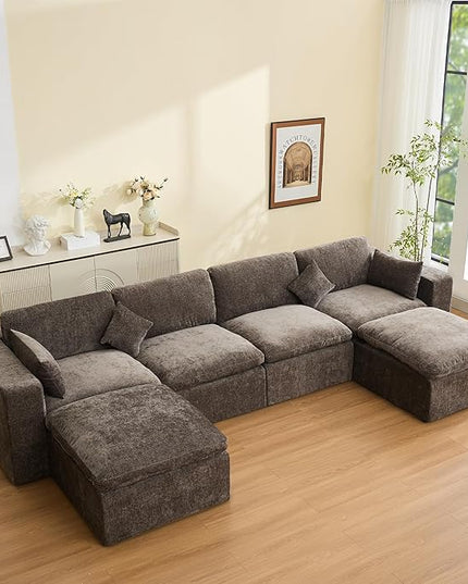 155''Cloud Boneless Sectional Couch, Modular Sectional Sofa Deep Seat with 2 Ottomans, Oversized Upholstered Convertible Comfy 6 Seater Chenille Sofa U Shape Couches for Living Room, Brown