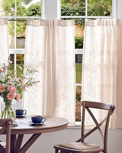 jinchan Winslow Linen Curtains 45 Inch Length Small Window Curtains Embroidered Bordered Floral Drapes Light Filtering for Bathroom Laundry Room Kitchen Farmhouse Decor White on Beige 2 Panels
