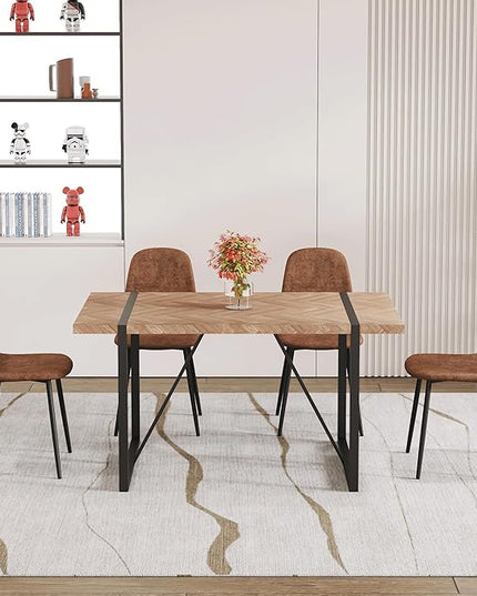FURNITO 5 Piece Dining Table Set for 4, 55" Wooden Kitchen Table with Upholstered Chairs, Mid Century Modern Rectangular Dining Room Set, Rustic Table and Chairs Set for Kitchen or Living Room