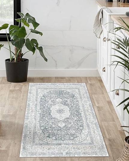 Small Rugs 2x3,Grey Rug for Entryway Bathroom Bedroom Kitchen Entrance Doormat,Boho Vintage Bohemian Distressed Washable Accent Floor Throw Carpet Non Slip,Floral
