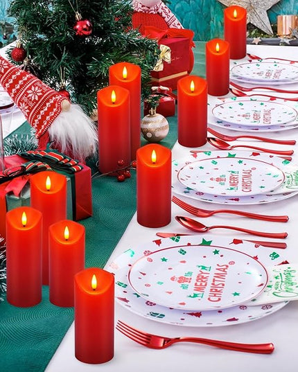 24 Pack Christmas Decoration Flickering Flameless Candles,LED Candles Battery Operated Pillar Candles with Remote Control.for New Year, Home Decor, Parties,Wedding(D2.2 xH 5" 6" 7" Red)