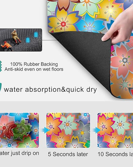 Coffee Mat for Kitchen Counter - Hide Stain Absorbent Dish Drying Mat, Rubber Coffee Bar Mats, Drying Pads, Accessories Fit Under Tea Pot, Cafe Maker, Espresso Machine, Dish Rack, 19"x12", Flowers