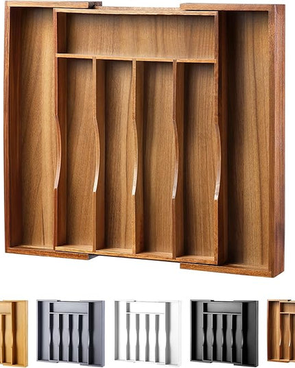 Expandable Acacia Kitchen Drawer Organizer for Cutlery and Utensils, Adjustable Acacia Wood Cutlery Tray in Drawer for Flatware and Silverware in Kitchen