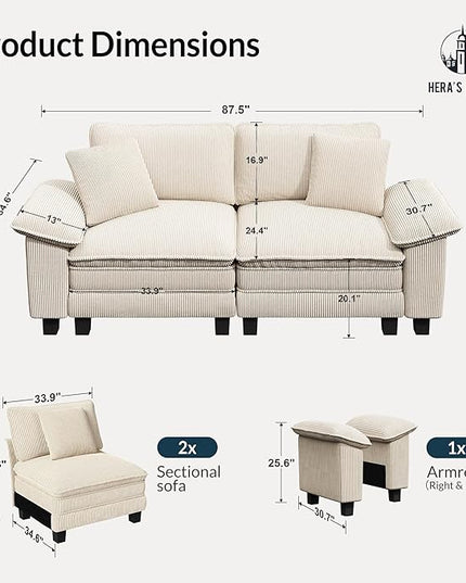HERA'S HOUSE 88" Modular Sectional Sofa, Loveseat Couches for Living Room, Comfy Cloud Couch 2-Seater Deep Seat Sofa with Throw Pillow, Corduroy Beige