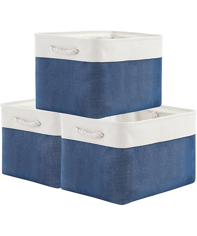 TheWarmHome Organization and Storage for Organizing - 3 Pack 16x12x12 inch Cube Storage Bin for Shelves, Fabric Storage Cubes for Closet Cloth Organizer Gift Toy (White & Jean Blue)