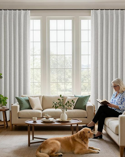 Joydeco Pinch Pleated Curtains - 100% Blackout for Bedroom, White Linen Curtains 40" W x 72" L, Thermal Insulated 2 Panels Light Blocking Drapes, Back Tabs for Living Room