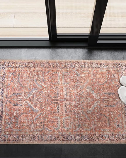 GLN Rugs Traditional Collection - Machine Washable Area Rug, Traditional Washable, Non Slip, Low Pile Chenille Rug, Living Room, Bedroom, Kitchen Rug (2'x3' Terra Cotta)