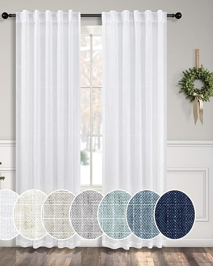 White Extra Long Curtains 9 FT for Living Room 2 Panel Sets Rod Pocket Back Tab Semi Sheer Light Weight Lace Cotton Textured White Linen Curtain for Bedroom Sunroom Picture Window 38 x 108 Inch Length