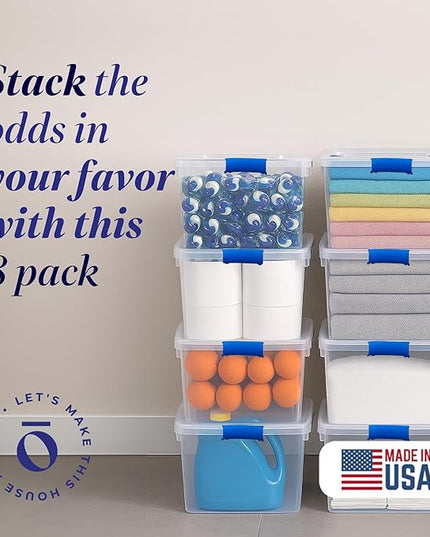 HOMZ 8-Pack Secure Latch, Clear Plastic Storage Organizer Bins, 31 Quart, Blue Latches - Stackable Container Boxes for Bedroom, Bathroom, Garage, and Office Organization