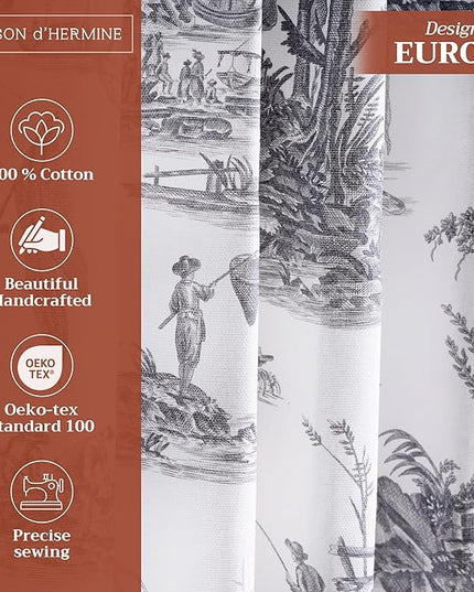 Maison d' Hermine Curtains for Living Room 100% Cotton 108 inch Length One Panel Light Filtering Toile Curtains with Rod and Loop Pockets (Calais Paloma Grey (White Background), 50" W x 108" L)