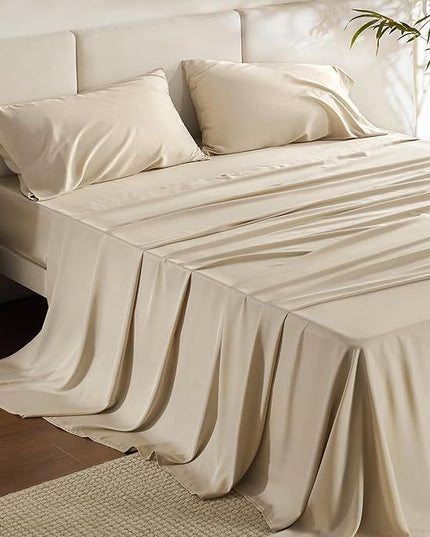 Bedsure King Size Sheet Set, Cooling Sheets King, Rayon Derived from Bamboo, Deep Pocket Up to 16", Breathable & Soft Bed Sheets, Hotel Luxury Silky Bedding Sheets & Pillowcases, Beige