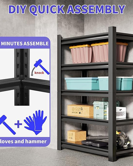Metal Garage Shelving Unit,78"H Heavy Duty 5-Tier Adjustable Storage Rack,18"D x 48"W x 78"H Steel Shelving,3000 lbs Industrial Shelves for Heavy Tools and Equipment,Ideal for Garage, Basement,Black