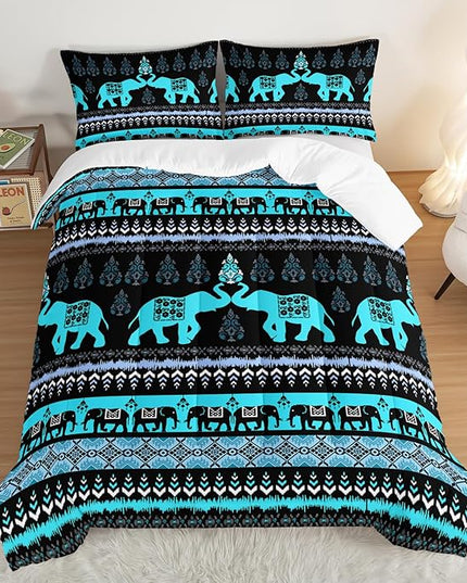 Western Comforter Set King Size Elephant Print Bedding for Kids,Blue Series Animal Themed Bedding Set for Boys Girls Room Decor,Boho Bedding Comforter Sets with 2 Pillowcases.