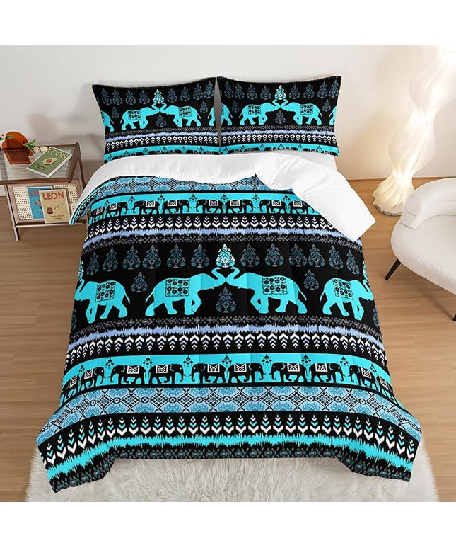 Western Comforter Set King Size Elephant Print Bedding for Kids,Blue Series Animal Themed Bedding Set for Boys Girls Room Decor,Boho Bedding Comforter Sets with 2 Pillowcases.