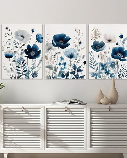 DUWQU 3 Pcs Blue Floral Canvas Wall Art, Elegant Navy Blue Wildflower Lily Daisy Art Wall Decor, Watercolor Botanical Flower Home Poster Art Prints for Living Room Bedroom Bathroom 16×24 Inches