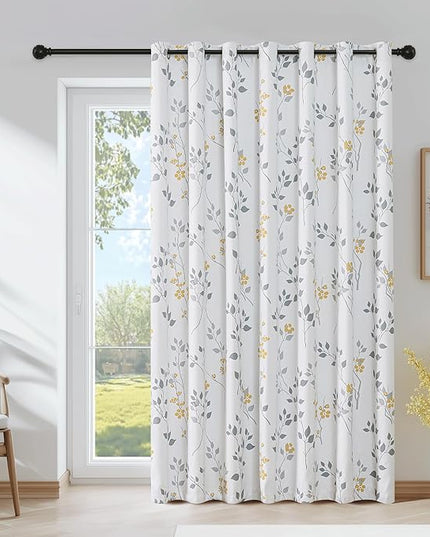 Beauoop Floral 100% Blackout Curtains 84 Inch Length 1 Panel for Patio Sliding Door Extra Wide Yellow Grey Flower Patterned Divider Room Darkening Thermal Soundproof Grommet Window Drapes, 100x84x1