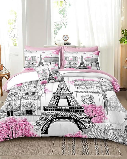 Bedbay Pink Paris Comforter Set with Sheets - 8 Piece Romantic Couple Bedding - Cal King Size Bed in a Bag- Pink Cherry Blossom Floral Comforter Bed Set