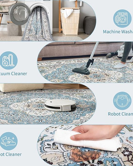 Ciicool Washable Area Rug Round 6’x6’ Boho Bedroom Rug Non-Slip Oriental Carpet Throw Rug Low-Pile Indoor Floor Carpet for Dining Room Living Room Laundry Foyer Decor (Vintage Blue)